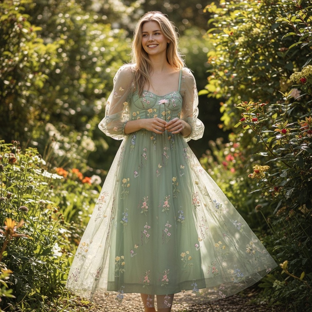 Floral Embroidery Tulle Dress Women Green Cottagecore‎ SIZE S